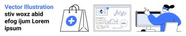 Çevrimiçi alışveriş, dijital analiz, veri yönetimi, uzaktan çalışma, bilgi paylaşımı, e-ticaret artışı. Tıbbi sembollü alışveriş torbası, ekranı gösteren grafikçi. E-ticaret