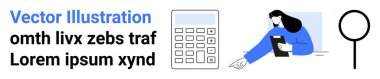 İş, veri analizi, strateji, finans, problem çözme, araştırma. Pano tutan bir kadın, hesap makinesi ve büyüteç. İş ve veri analizi kavramları