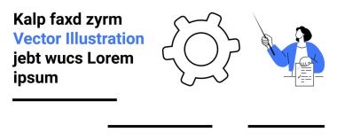 İş planlaması, takım çalışması, strateji, teknik süreç, eğitim, sunum. Dişliler ve bir sunucu, bir işaret ve belgeyle. İş planlaması ve takım çalışması kavramı