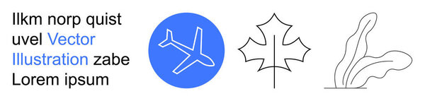 Travel, nature, graphic design, aviation, minimalism, concepts. Blue airplane symbol, maple leaf outline and plant sketch. Travel and nature for diverse creative projects