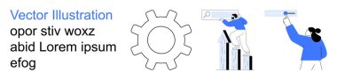 İş stratejisi, takım çalışması, veri analizi, yenilik, liderlik, verimlilik. Dişli simgesi, bir araç kullanarak bir çizelge takım üyesini ölçeklendiren kişi. İş stratejisi ve takım çalışması kavramları