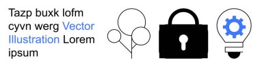 Veri koruması, yenilik, teknoloji, şifreleme, yaratıcılık, siber güvenlik. Bir kilit, balonlar ve dişli ikonlu bir ampul. Veri koruması ve yenilik vurgulandı