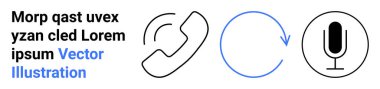 Telekomünikasyon, kullanıcı arayüzü, ses kaydı, müşteri hizmetleri, yenileme, dijital iletişim. Telefon, dairesel ok mikrofon sembolleri ile ikon seti. Telekomünikasyon ve kullanıcı arayüzü