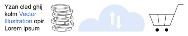 E-ticaret, bulut depolama, çevrimiçi işlemler, dijital ödemeler, finansal teknoloji, alışveriş eğilimleri. Yığınla bozuk para, oklu bulut ve alışveriş arabası ikonları. E-ticaret ve bulut deposu