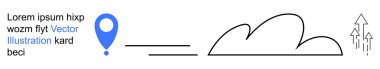 Navigasyon, lojistik, veri, büyüme, iletişim, teknoloji. Mavi lokasyon rozeti beyaz zemin üzerindeki oklar ve bulutlara bağlanıyor. Akış görselleştirmesi için navigasyon ve lojistik vurgu