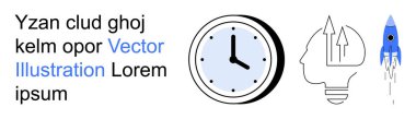 Zaman yönetimi, yenilik, üretkenlik, yaratıcılık, fikirler ve ilerleme. Minimalist saat, oklu beyin ve roket. Zaman yönetimi ve yenilik görsel olarak gösterilmiştir