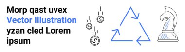 İş stratejisi, finansal planlama, sürdürülebilirlik, dairesel ekonomi, karar verme süreci, yatırım süreçleri. Üçgen geri dönüşüm sembolü, satranç şövalyesi ve düşen paralar iyonu. İş stratejisi