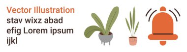 Ev dekorasyonu, bitki bakımı, tebligatlar, dijital alarmlar, bahçecilik, yeşillik. Çan ikonunun yanında iki saksı bitkisi. Ev dekorasyonu ve bitki bakımı kavramları