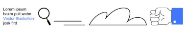 Veri analizi, bulut hizmetleri, kavramsal düşünme, problem çözme, teknoloji yeniliği, ilerleme. Büyüteç, bulut şekli ve kapalı yumruğun minimalist tasarımı. Veri analizi ve bulut