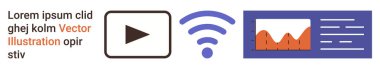 Medya yayını, dijital bağlantı, kablosuz veri, analitik, çevrimiçi videolar, oynatma kontrolleri. Çal düğmesi, kablosuz sembol grafiği ve analiz. Medya akışı ve dijital bağlantı