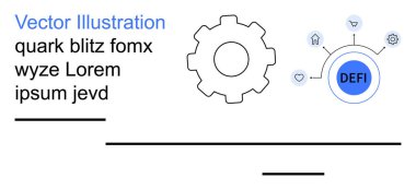 Kripto para birimi, engelleme zinciri, fintech, merkezi olmayan uygulamalar, vites endüstrisi, küresel ağ. Teknik ekipman ve DEFI logosu ağ simgelerine bağlandı. Kripto para birimi ve engelleme zinciri yeniliği