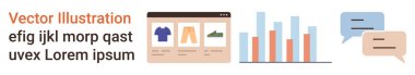 E-ticaret, veri görselleştirme, iletişim, çevrimiçi perakende, pazarlama, analitik. Ürünlerle dolu bir web sayfası, bar çizelgesi konuşma baloncukları. E-ticaret ve veri görselleştirme kavramları