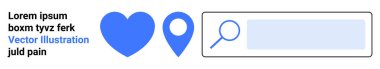 Navigasyon araçları, çevrimiçi aramalar, konum hizmetleri, kullanıcı arayüzleri, dijital araçlar, web sitesi tasarımı. Mavi bir kalp, lokasyon iğnesi ve arama barı. Navigasyon araçları ve çevrimiçi arama kavramı