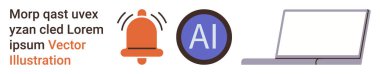 Bildirimler, yapay zeka, teknoloji, dijital iletişim, bilgisayar, kullanıcı arayüzü. Alarm zili, yapay zeka sembolü ve dizüstü bilgisayar. Bildirimler ve Yapay Zeka kavramları