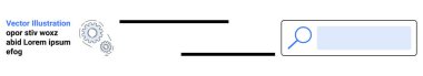 Dijital yenilik, optimizasyon, arama motorları, teknoloji araçları, çevrimiçi çözümler, tasarım geliştirme. Bir arama çubuğunun yanında büyüteç ve teçhizat. Yenilik ve optimizasyon kavramı