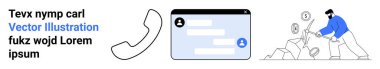 İletişim araçları, dijital etkileşim, müşteri hizmetleri, iş finansmanı, takım çalışması, teknoloji destekli iş. Telefon ikonu, sohbet arayüzü, bozuk para toplayan kişi. İletişim araçları ve dijital