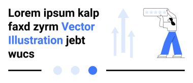 Yukarıdaki oklar, metin elemanları, noktalar ve satırlar üzerinde beş yıldızlı bir eleştiri tutan kişi. Kullanıcı geribildirimi, çevrimiçi derecelendirme, büyüme, değerlendirmeler, dijital içerik değerlendirmeleri için idealdir basit iniş sayfası