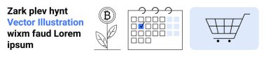 Kripto para birimi, finansal büyüme, dijital planlama, alışveriş, yatırım ve e-ticaret. Bitcoin bitkisi, işaretli tarih alışveriş arabası ikonu olan takvim. Kripto para ve e-ticaret kavramları