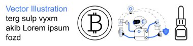 Kripto para birimi, fintech, engelleme zinciri, yapay zeka, dijital güvenlik, yenilik. Bitcoin sembolü, kalkanı ve aleti olan yapay zeka robotu. Görsel elementlere sahip kripto para birimi ve fintech