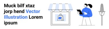 E-ticaret, perakende tasarım, sürdürülebilir alışveriş, dijital araçlar, yerel işletmeler, tarım. Görsel öğeler arasında alışveriş çantası olan bir mağaza önü, tablet tutan bir kadın ve bir mısır ikonu yer alıyor.