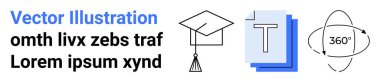 Eğitim, teknoloji, tasarım araçları, e-öğrenme, sanal deneyim, yenilik. Mezuniyet şapkası, metin katmanları 360 derece dönen ikon. Eğitim ve teknoloji vurgulanıyor