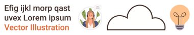 Yenilik, yaratıcılık, beyin fırtınası, teknoloji, iletişim, bağlantı. Bulut çizgisi ve ampul, bir insan avatar çiziminin yanında. Yenilik ve yaratıcılık görsel kavram