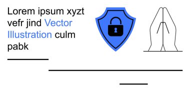 Siber güvenlik, veri koruması, ruhsal güvenlik, mahremiyet, dua isteği, çevrimiçi güvenlik. Kilit ikonlu mavi kalkan, dua eden eller. Siber güvenlik ve veri koruma illüstrasyonu
