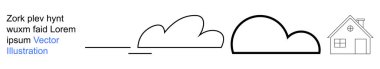 Doğa çalışmaları, hava konseptleri, kırsal yaşam, ev, asgari tasarım, basitlik. Siyah çizgi bulutlar ve beyaz üzerine küçük bir ev. Doğa çalışmaları ve hava durumu konseptleri teması