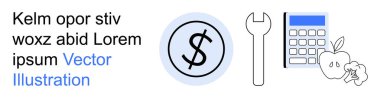 Finans, onarım, eğitim, bütçe, sağlık, sağlıklı yaşam. Dolar işareti, anahtar hesap makinesi elma ve brokoli ikonu düzenlemesi. Finans ve onarım hizmeti kavramı