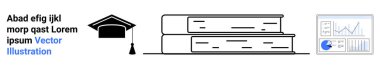Mezuniyet şapkası, birikmiş kitaplar ve eğitim, bilgi ve dijital öğrenme içeren analitik çizelgeler. E- öğrenim, akademisyenler, araştırmalar, araştırmalar için idealdir. Basit analitik teknoloji eğitimi.