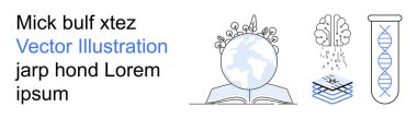 Eğitim, bilimsel araştırma, küresel öğrenme, beyin yeniliği, biyoloji kavramları, bilgi paylaşımı. İçinde küre, beyin DNA sarmalı ve birbirine bağlı katmanlar olan açık bir kitap. Eğitim ve Bilim