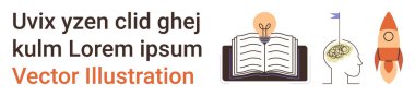 Eğitim, yenilik, yaratıcılık, bilgi paylaşımı, fikir üretimi ve öğrenme. Resim açık bir kitap, beyin sembolü ampul ve roket içeriyor. Eğitim ve yenilik kavramı