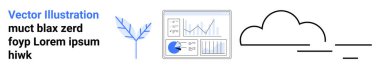 Ağaç dalı çizimi, çizelgeli veri analiz paneli ve minimalist bulut çizgisi sanatı. Büyüme, teknoloji, sürdürülebilirlik, veri görselleştirme, yenilik, doğa ve basit iniş için ideal