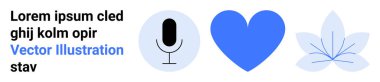 İletişim, sağlık, meditasyon, farkındalık, duygusal bağlantı, dijital medya. Mavili minimalist mikrofon, kalp ve nilüfer çiçekleri. İletişim ve sağlık görselleştirme