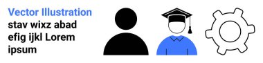 Eğitim, iş gücü, kişisel gelişim, beceri geliştirme, kariyer geliştirme, kimlik doğrulama. Kişi simgesi, mezuniyet şapkası ve vites sembolü. Eğitim ve işgücü kavramı