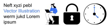 Siber güvenlik, verimlilik, uzaktan çalışma, zaman izleme, teknoloji, dijital mahremiyet. Laptop, kilit simgesi ve saat sembolü kullanan biri. Siber güvenlik ve verimlilik temalı görsel