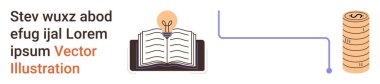 Eğitim, yenilik, finans, bilgi paylaşımı, yaratıcı fikirler, öğrenme. Ampul ve bozuk paraların bir satırla birleştirildiği açık bir kitap. Eğitim ve yenilik sembolleri