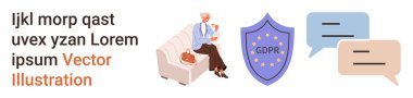 Gizlilik koruması, veri güvenliği, sohbet, bilgi alışverişi, iletişim, dijital güvenlik. Kanepede oturan yaşlı kadın, GDPR kalkan konuşma baloncukları. Gizlilik koruması ve veri güvenliği kavramı