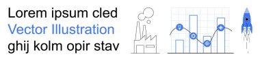 İş büyümesi, endüstriyel gelişim, veri görselleştirme, teknoloji ilerlemesi, yenilik, gelecek planlama. Fabrika, simgeli roket fırlatma grafiği. İş büyümesi ve teknoloji gelişimi