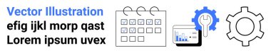 Zamanlama işaretleri ile takvim, veri görselleştirmesi ile analitik gösterge paneli ve süreç optimizasyonunu sembolize eden dişli mekanizması. Zaman yönetimi, planlama, iş akışı, analitik için ideal