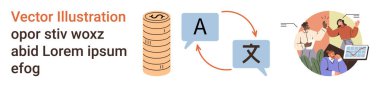 Dil çevirisi, finansal işlemler, takım çalışması, iş büyümesi, para değişimi, çevrimiçi iletişim. Yığınlanmış bozuk paralar, dil simgeleriyle konuşma baloncukları ve analiz üzerinde çalışan takım