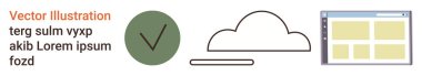 Bulut depolama, çevrimiçi onay, web tasarımları, dijital yönetim, kullanıcı kimlik denetimi, arayüz örnekleri. bir bulut sembolü, bir işaret ve bir pencere arayüzü. Bulut depolama ve çevrimiçi onay