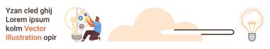 Yaratıcılık, yenilik, işbirliği, beyin fırtınası, teknolojik düşünce, kavram gelişimi. Ampul yayan kişi ikonları çalıştırıyor. Kavramsal tasarımda yaratıcılık ve yenilik
