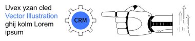 İş otomasyonu, teknoloji, müşteri ilişkileri yönetimi, yenilik, yapay zeka entegrasyonu, geleceksel araçlar. Robotik el, büyüyen oklarla CRM vites simgesini gösteriyor. İş otomasyonu