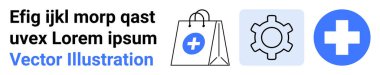 Sağlık hizmetleri haçlı alışveriş çantası, vites kutusu ve tıbbi haç sembolü. E-ticaret, sağlık hizmetleri, çevrimiçi hizmetler, tıbbi uygulamalar, ayarlar, müşteri hizmetleri sade iniş sayfası için ideal