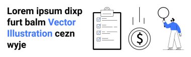 Kontrol listesi olan bir pano, para bırakma simgesi, balon tutan biri. Finans, iş planlaması, verimlilik, hedef izleme, yaratıcı projeler, para yönetimi basit iniş sayfası için ideal