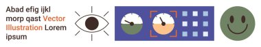 Veri görselleştirme, analitik, performans ölçümleri, geri besleme sistemleri, görme, yaratıcılık. Çeşitli elementler bir göz, göstergeler ve şebeke arka planında mutlu bir yüz gösteriyor. Görüş ve veri görselleştirme