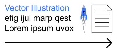 İş büyümesi, belge iş akışı, yenilik, başlangıç süreci, iletişim, teknik belgeler. Roket ve kara oklu belge. İş büyümesi ve belge iş akışı metaforu