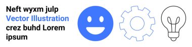 Yaratıcılık, yenilik, teknoloji, üretkenlik, tasarım, problem çözme. Mavi mutlu bir yüz, çizilmiş dişli ve ampul ikonu. Yaratıcılık ve yenilik kavramı