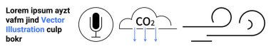 Karbon emisyonları, iklim değişikliği, çevre bilinci, ses iletişimi, hava kalitesi, enerji çözümleri. Mikrofon, CO2 etiketli bulut ve rüzgar akış sembolleri. İklim değişikliği ve çevre